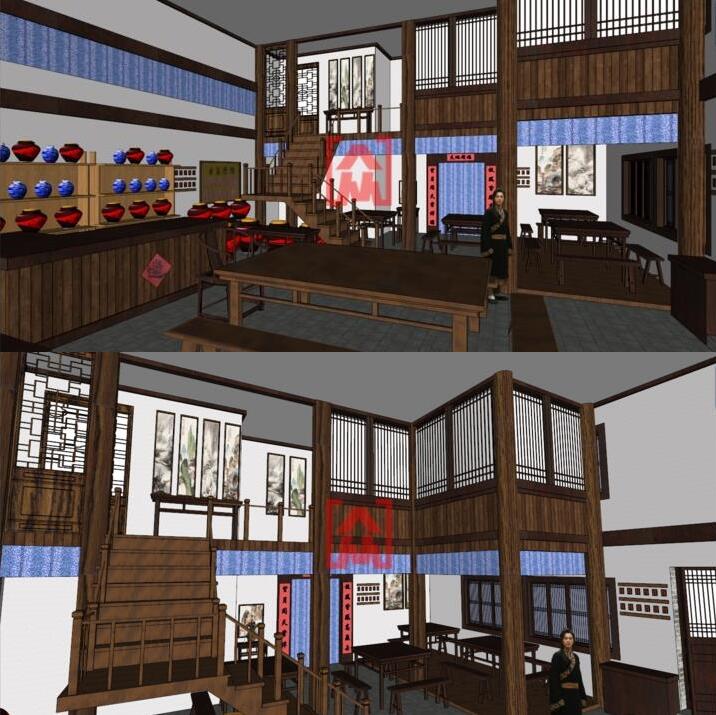 传统中式古代客栈酒家门头外立面室内桌椅板凳酒坛草图大师su模型