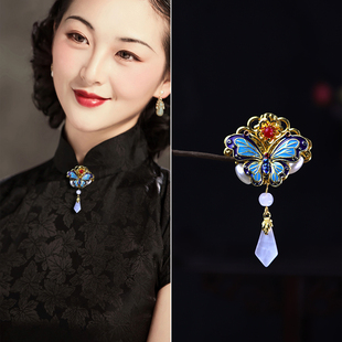 原创设计景泰蓝烧蓝蝴蝶压襟复古中国风领口别针旗袍胸花挂件配饰