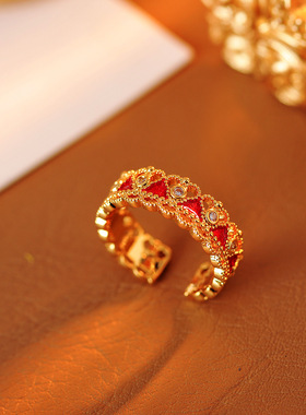 复古宫廷风红色滴釉戒指镶嵌锆石时尚高颜值设计新中式批发代发