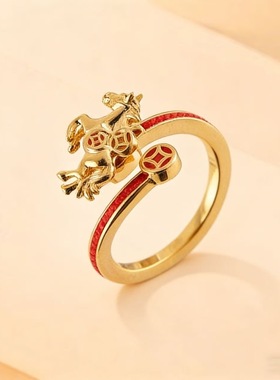 新款可旋转马到成功开口红绳戒指马年本命年精致百搭高级感指环