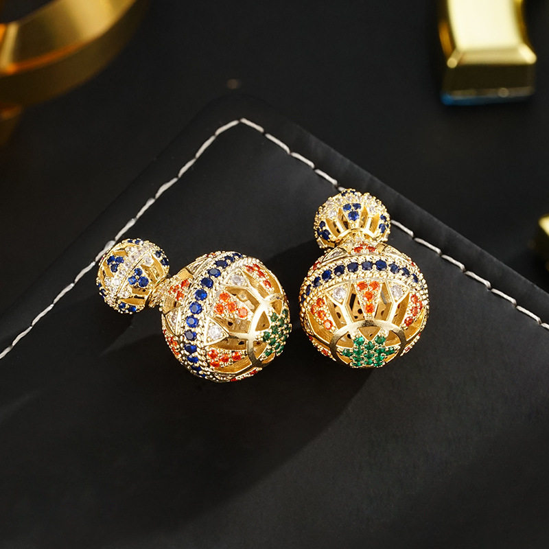 欧美轻奢双面镂空前后球球耳环s925潮流气质彩色耳饰ins风潮