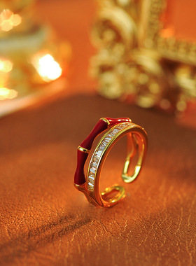 新款高级感中式滴油绿色竹节镶锆石开口戒指轻奢小众精致百搭指环