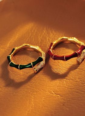 高版本步步高竹节戒指女珐琅彩高级感锆石开口戒韩版指环批发代发