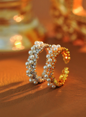 真金电镀圆形珍珠锆石开口戒指轻奢高级感食指戒时尚通勤气质手饰