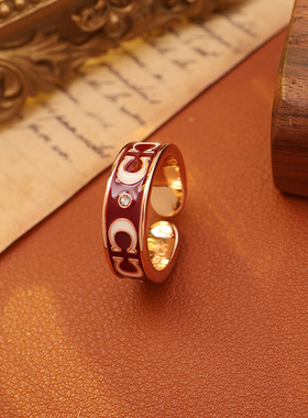 蔻家红白珐琅镶钻戒指女铜镀18k真金时尚气质戒指指环开口可调节