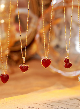 法式酒红天然玛瑙滴油爱心吊坠锁骨链女士轻奢高级感时尚气质项链