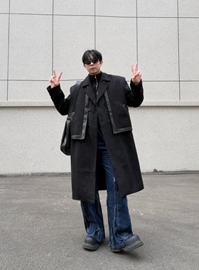 IDDB  秋冬拼皮设计黑色中长款过膝大衣呢子男士外套宽松时尚百搭