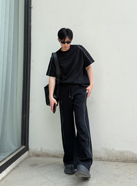 IDDB 韩版小众时尚设计感休闲套装夏季黑色高级宽松短袖阔腿长裤