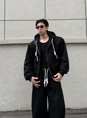 IDDB 小众重磅垫肩连帽开衫卫衣套装男士 宽松弯刀阔版卫裤时尚潮