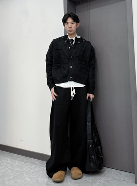 IDDB 重工花朵装饰黑色水貂绒毛衣开衫男韩版高级感休闲垫肩外套