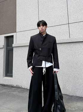 IDDB 秋季新款宽松垫肩立领夹克男黑色不规则设计高级感潮牌外套