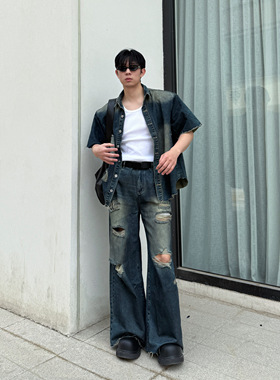 IDDB 小众破洞设计水洗牛仔上衣男士阔腿长裤套装宽松时尚T恤百搭