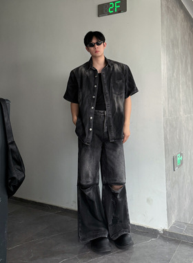 IDDB 夏季美式复古水洗做旧衬衫牛仔套装男黑色垫肩宽松休闲痞帅