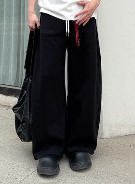 IDDB 2025新款美式水洗黑色休闲裤男宽松阔腿拖地弯刀长裤子潮流