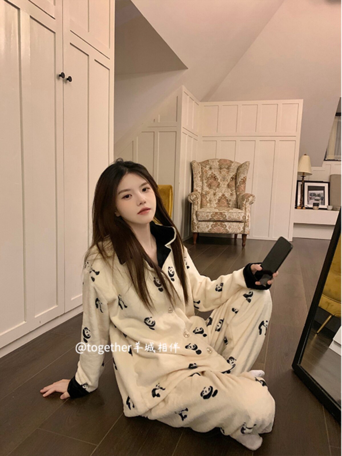 여성을위한 한국어 달콤한 멋진 스타일 팬더 산호 벨벳 잠옷 가을 겨울 정장 두꺼운 플러스 벨벳 따뜻한 플란넬 가정 의류