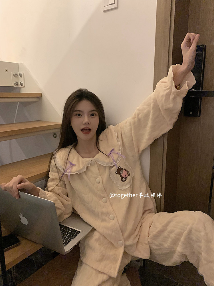 한국 소녀 산호 벨벳 잠옷 가을 겨울 두꺼운 플러스 벨벳 따뜻한 인형 칼라 포켓 베어 플란넬 가정복