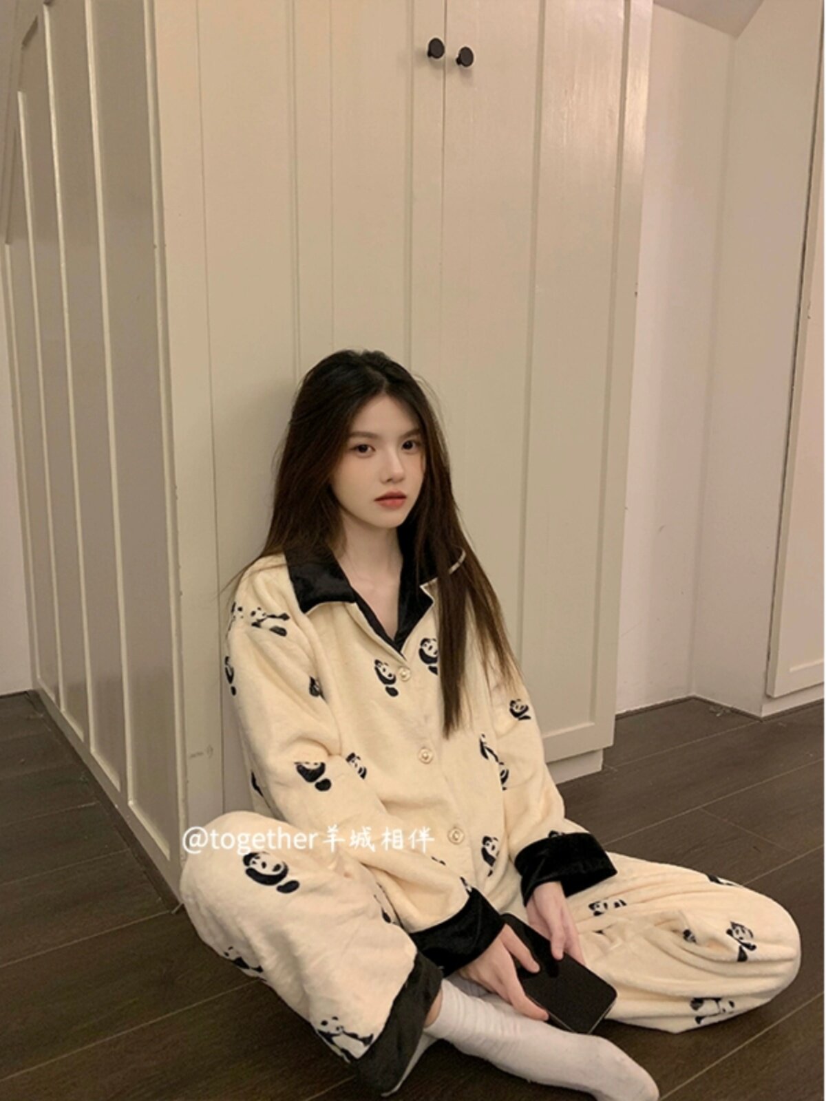 여성을위한 한국어 달콤한 멋진 스타일 팬더 산호 벨벳 잠옷 가을 겨울 정장 두꺼운 플러스 벨벳 따뜻한 플란넬 가정 의류