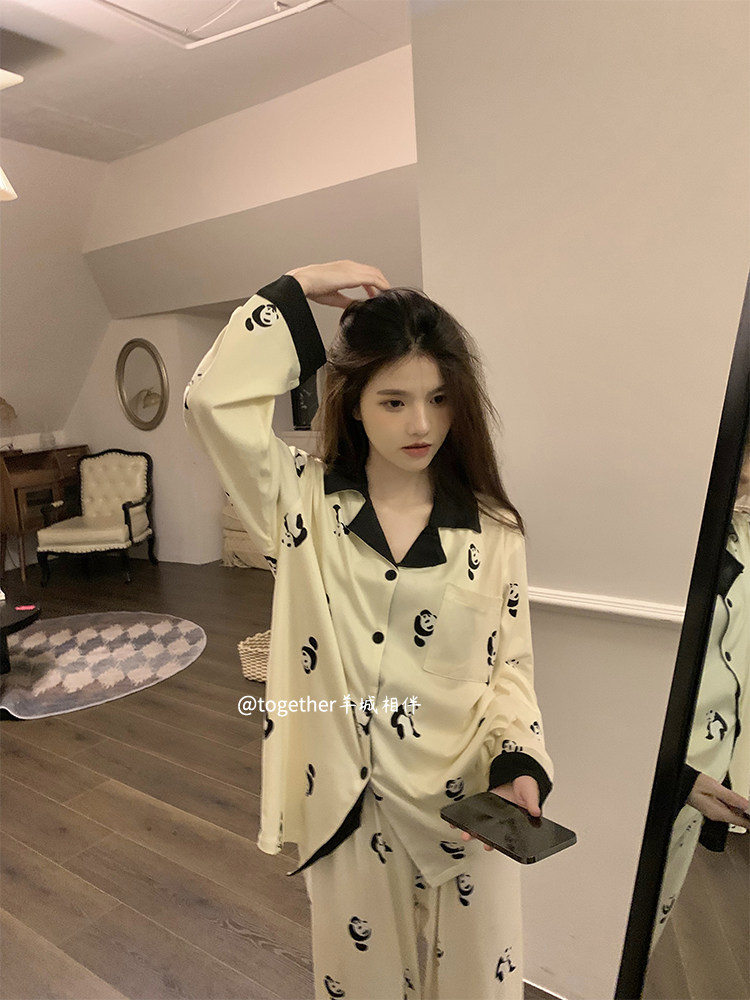 여성 잠옷 봄 가을 새로운 스타일 23세트 순면 프린트 긴팔 소녀 인터넷 연예인 달콤하고 시원한 스타일 팬더 홈웨어