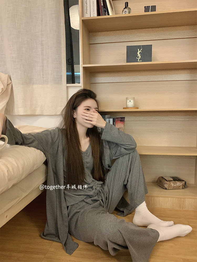 봄과 가을 여성을위한 새로운 기능 스타일 잠옷 3 피스 섹시한 V 넥 멜빵 긴팔 바지 순수 코튼 여름 홈웨어