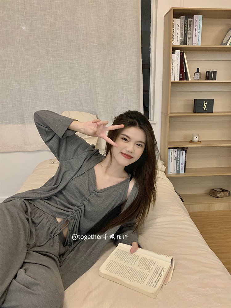 봄과 가을 여성을위한 새로운 기능 스타일 잠옷 3 피스 섹시한 V 넥 멜빵 긴팔 바지 순수 코튼 여름 홈웨어