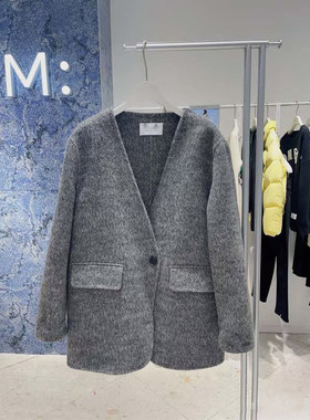 麦檬商场同款2025秋冬新款百搭灰色V领短款毛呢外套女4EA170901
