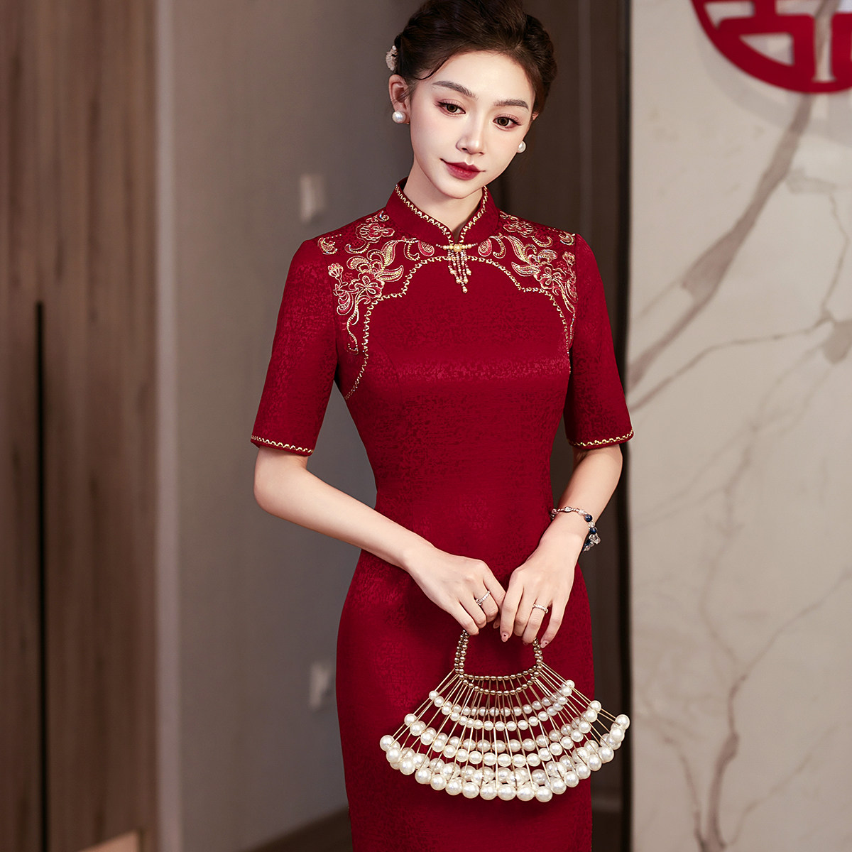 喜婆婆酒红色刺绣旗袍女婚礼妈妈装立领中袖大码中长款醋酸旗袍裙