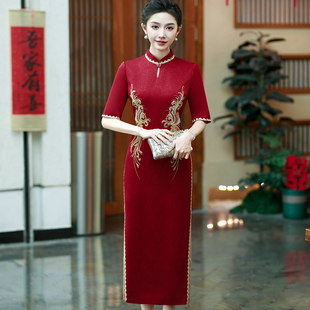 喜婆婆长款礼服婚宴装红色刺绣旗袍连衣裙高个子喜妈妈大码婚礼装