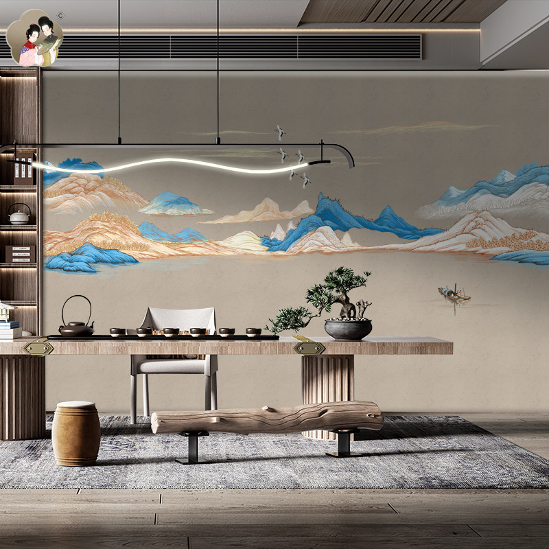 中式海纳百川书房客厅餐厅沙发电视背景独秀墙布山水意境刺绣壁布