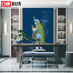 家装 刺绣独秀墙布幸福孔雀客厅餐厅入户玄关过道走廊背景中式 壁布