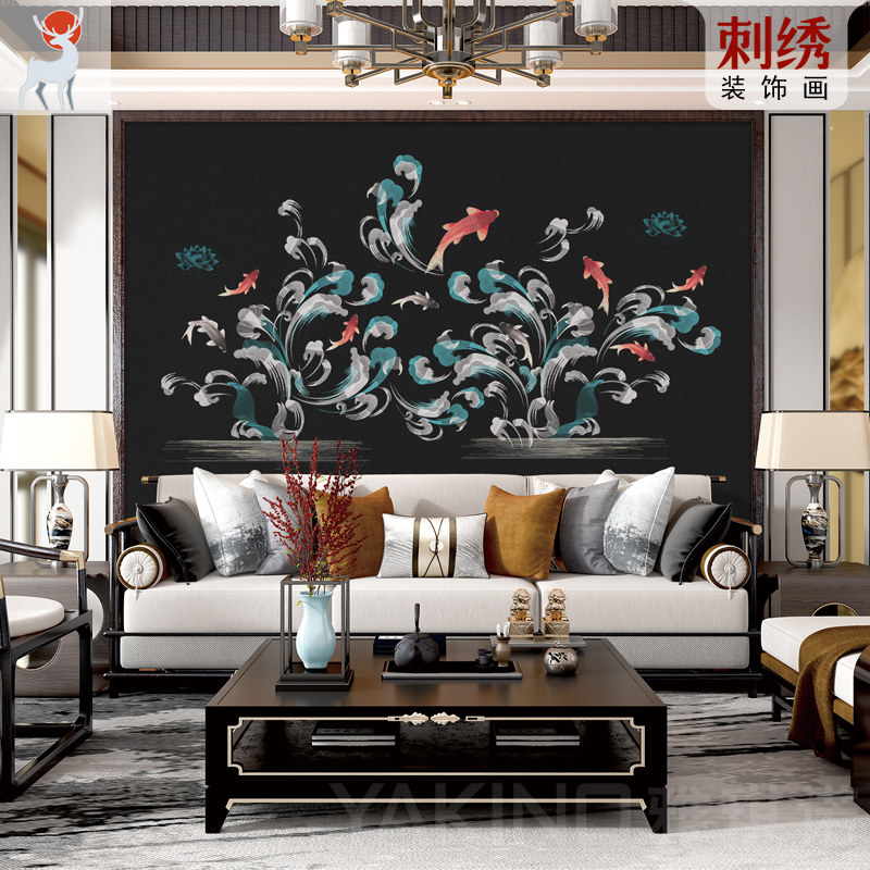 现代中式独秀刺绣墙布九鱼聚财书房客厅餐厅沙发电视影视背景壁布