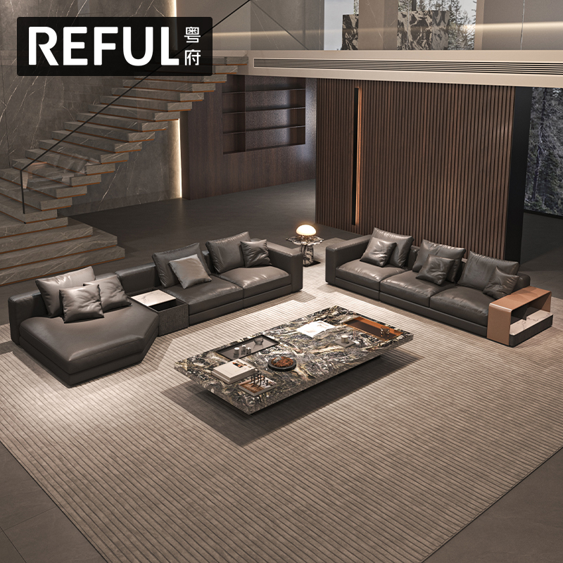 粤府意式极简轻奢大气异形皮沙发