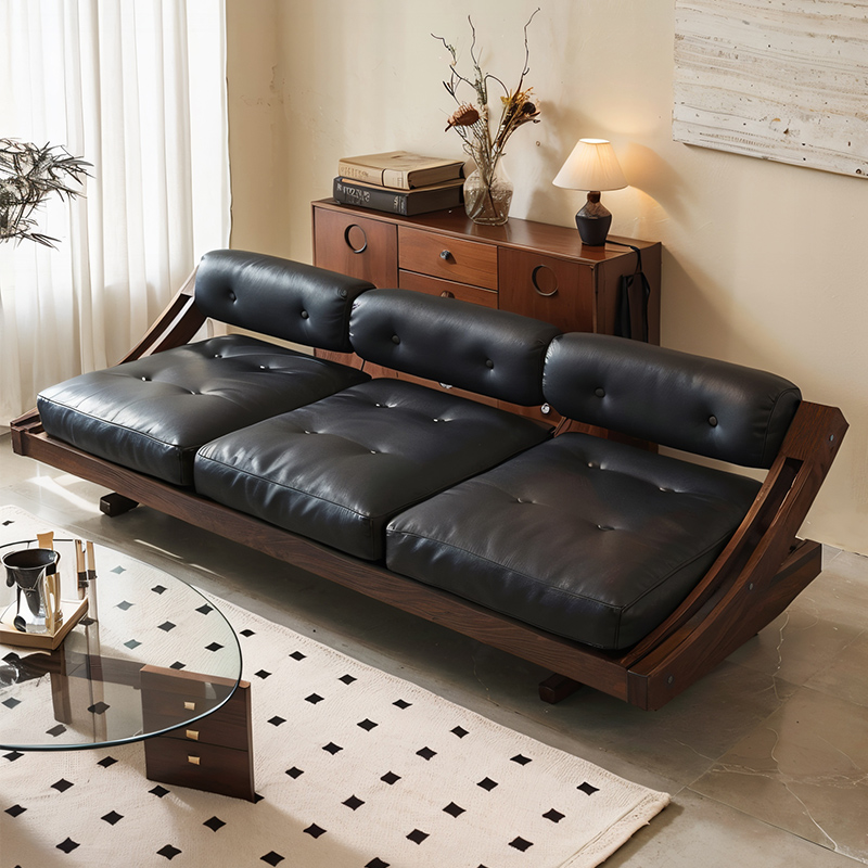 美式复古真皮沙发黑色直排三人位实木胡桃木色中古风佛山龙江沙发