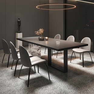 粤府新款黑色长方形餐桌现代简约意式极简轻奢餐桌椅组合一桌6椅