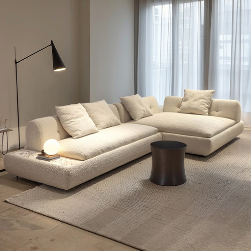 粤府2025年新款奶油风侘寂风棉麻布艺沙发小户型意式极简l型白色