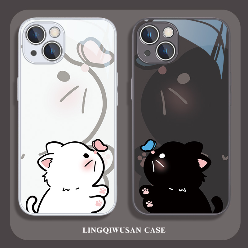 适用苹果情侣猫咪蝴蝶手机壳