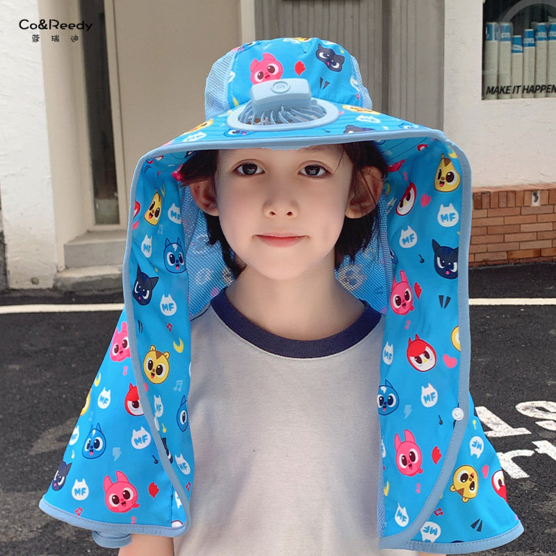 儿童帽子夏季防晒帽男女童网眼透气风扇遮阳帽宝宝大帽披肩太阳帽
