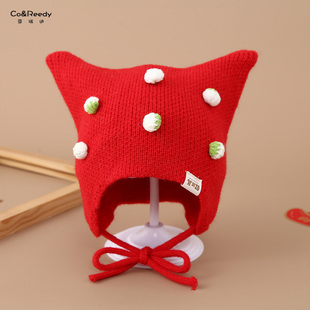 婴儿帽子秋冬毛线帽女宝宝红色可爱双角针织护耳帽保暖小月龄新年