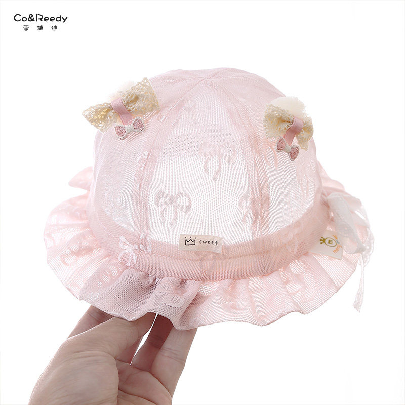 婴儿帽子夏季超薄蕾丝防晒公主帽女宝宝蝴蝶结印花球球耳渔夫帽