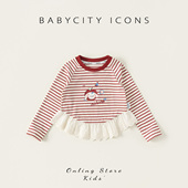 2026新款 贝贝城女童长袖 t恤春装 红色条纹儿童上衣春秋女宝宝衣服