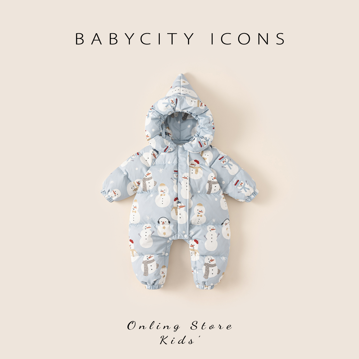 贝贝城连帽卡通印花羽绒爬服