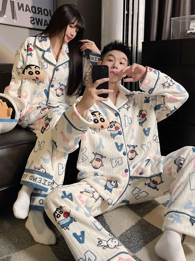 情侣睡衣一男一女秋冬季加厚加绒可爱蜡笔小新冬天保暖家居服套装