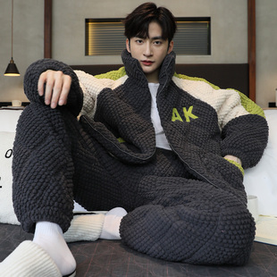 男士睡衣冬季加绒加厚三层夹袄珊瑚绒男款高领拉炼炼家居服1111w