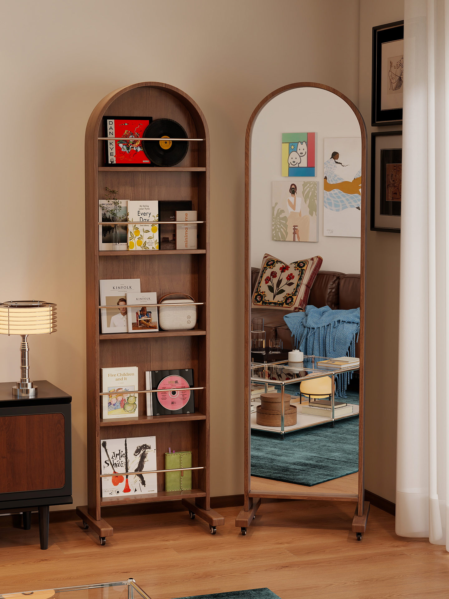 中古风穿衣镜实木移动全身镜家用杂志架覆古落地试衣镜置物柜一体