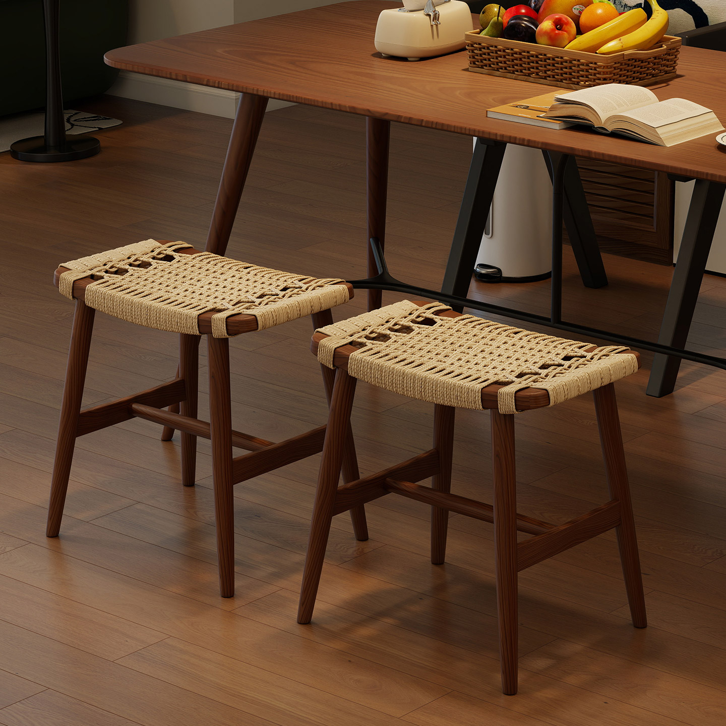 中古餐凳实木绳编餐桌凳子客厅家用新中式藤编凳意式极简实木方凳