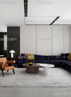 意式极简客厅布艺沙发茶几组合现代轻奢大平层多人位蓝色沙发定制