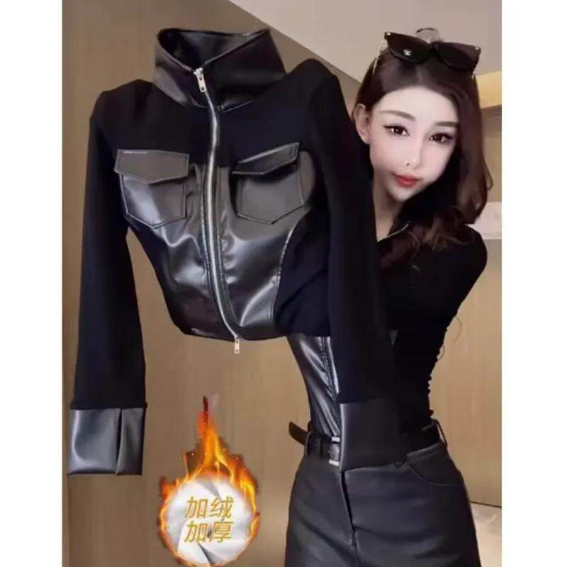 欧货时尚重工拼接设计感拉链立领长袖衬衫女2025秋冬新款加绒上衣