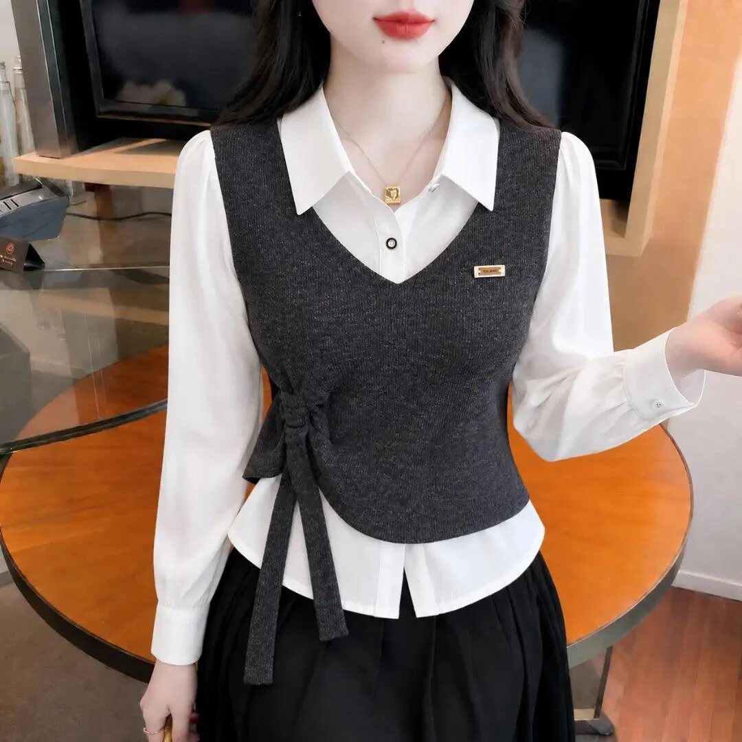 假两件拼接翻领长袖衬衫女秋季韩系修身系带叠穿设计感气质潮上衣