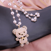 嘻哈甜美风项链女长款 小熊珍珠挂链秋冬百搭装 饰挂件小老虎毛衣链