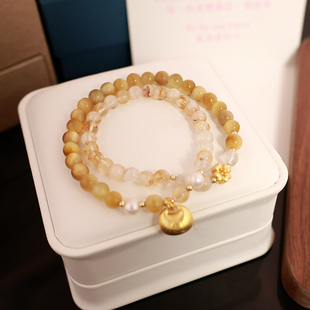 天然黄塔晶手链虎眼石双圈串珠手串水晶新中式小胖元宝黄水晶饰品