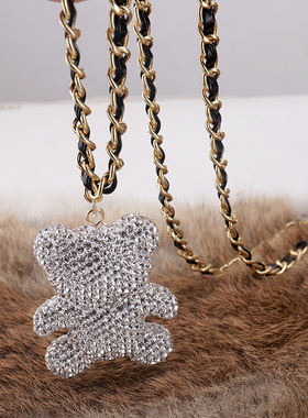 水晶满钻长款编织链条小熊毛衣链